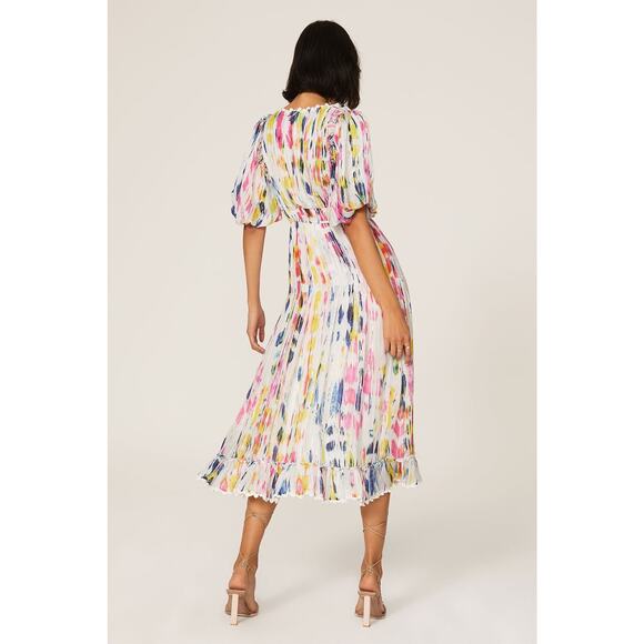 Hemant & Nandita Jorah Multicolor Tie Dye Print V-Neck Puff Sleeve Midi Dress XS - Picture 3 of 16
